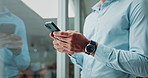 Phone, hands and businessman in office with email for communication on investment proposal. Research, contact and male financial manager with online report for company profit or revenue margin.