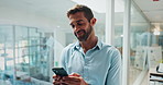 Phone, contact and businessman in office with email for communication on investment proposal. Research, connection and male financial manager with online report for company profit or revenue margin.