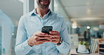 Cellphone, hands and businessman in office with email for communication on investment proposal. Research, contact and male financial manager with online report for company profit or revenue margin.