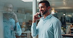Phone call, talking and man with smile, business and financial advisor with tech for communication. Office, person and consultation for insurance with contact, happy or discussion for life cover