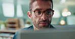 Reading, face or businessman on computer for finance research, bookkeeping or profit report. Email, economy news or auditor with project budget for company, accounting or financial investment online