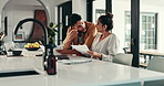 Financial paperwork, angry or couple with stress, finance documents or household budget crisis. Investment risk, laptop and worried people with bills, conflict or debt with recession or inflation