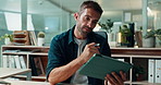 Accounting, tablet and thinking with business man at desk in office for finance or planning. Audit, research and smile with financial employee in workplace for bookkeeping or online tax review