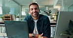Face, relax and happy man with laptop, confidence and technology for finance, bookkeeping and report. Portrait, budget and auditor with smile for company, accounting and financial investment online