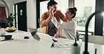 Celebrate, laptop or happy couple high five for budget goal, success or household bills planning. Paper, profit target or excited people with smile for finance report, stocks growth or salary bonus