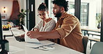 Teamwork, budget documents or couple with financial checklist, calculator or planning savings. Support, investment or people organizing bills together for paying debt, finance or household expenses 
