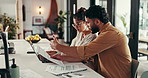 Teamwork, documents or couple with financial review checklist, budget and planning savings. Support, investment and people organising bills together for paying debt, finance or household expenses