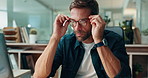 Fatigue, glasses and laptop with businessman in office for research deadline, overtime and admin report. Debt manager, typing and eye strain with employee in agency for client feedback and broker