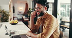 Phone call, remote work and man in home on computer for virtual assistant job, online planner and schedule. Consultant, freelance and person on smartphone and laptop for chat, talking and contact