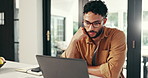 Laptop, thinking and man in home office for reading feedback, planning or insight for solution. Computer, serious and freelancer with idea for remote work, inspiration and copywriter problem solving