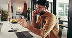 Phone call, remote work and man in home on laptop for virtual assistant job, online planner and schedule. Consultant, freelance and person on smartphone and computer for chat, talking and contact