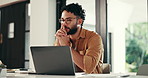 Laptop, idea and man in home for remote work, problem solving or copywriter brainstorming online. Computer, thinking and serious freelancer planning, typing and inspiration for article with insight