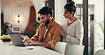 Laptop, talking or couple with financial documents checklist, budget and planning savings for teamwork. Calculator, investment and people organising bills for support, finance and household expenses