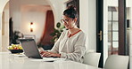 Laptop, typing and woman in home office for research, remote work or author writing story for article. Computer, happy freelancer or review online, proofreading or creative editing for publication