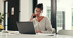 Phone call, laptop and businesswoman with contact in home office with client communication. Document, computer and freelance financial advisor on mobile discussion for investment negotiation in house
