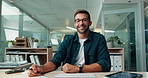 Business, face and video call with man writing at desk in office for virtual meeting or webinar. Development, education and learning with employee in workplace for online conference or workshop