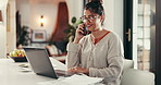 Phone call, laptop and businesswoman with document in home office with client communication. Contact, computer and freelance financial advisor on mobile discussion for investment negotiation in house