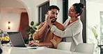 Financial investment, laptop or happy couple high five for budget goal or household bills planning. Support, banking or people with smile for finance report of stocks growth, taxes or salary bonus