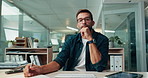 Business, face and video call with man typing at desk in office for virtual meeting or webinar. Development, education and writing with employee in workplace for online conference or workshop