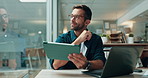 Accounting, tablet and thinking with business man at desk in office for finance or planning. Audit, laptop and reading with financial employee in workplace for bookkeeping or online tax review