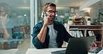 Accounting, laptop and phone call with business man at desk in office for finance or planning. Audit, tablet and update with financial employee in workplace for bookkeeping or online tax review