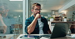 Office, night and businessman with laptop for thinking, ux information and developer for app error. Working late, web designer and planning with digital for seo deadline, software glitch and tablet