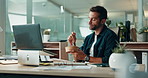 Eating, office and happy man with lunch, break and technology for finance, bookkeeping or report. Healthy food, laptop and auditor thinking of meal in at accounting company or financial budget online