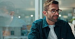 Office, inspiration and man with ideas, smile and planning for creative problem solving or choice. Startup, reflection and web designer daydreaming for business growth, thinking or opportunity