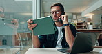 Accounting, phone call and tablet with business man at desk in office for finance or planning. Audit, communication and update with financial employee at work for bookkeeping or online tax review
