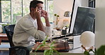 Stress, tired and man with headache in home office, brain fog and burnout for remote work by computer. Migraine, exhausted and overworked freelancer with pain, sick and massage temples for fatigue