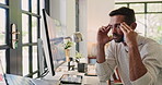 Tired, headache and business man on computer for deadline on web design, online project and research. Creative, office and person with burnout, fatigue and stress on pc for website, planning and ui