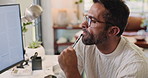 Thinking, computer and man by desk in home reading investment proposal for startup business. Planning, glasses and male person with online dropshipping company with finance inventory in house.