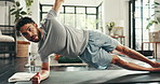 Man, fitness and side plank in home for workout, stretching exercise or training for core muscle. Warm up, stretch and athlete person for cardio, wellness and balance on floor with mat for challenge