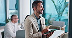 Businessman, idea or thinking in office with tablet for company proposal evaluation or funding request review. Budget analyst, coworking or brainstorming digital report for agreement or presentation
