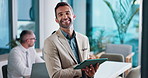 Leadership, smile and tablet with face of business man in boardroom for collaboration or meeting. Corporate, coworking and management with confident or happy employee in office for development