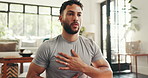 Breathing, mindfulness and yoga with man in living room for balance or inner peace in home. Fitness, meditation and wellness with calm person in apartment for awareness or mental health exercise