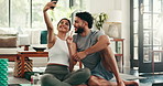 Couple, selfie and peace sign with fitness, living room and yoga mat for exercise, smile and post on web blog. Woman, man and photography for memory, profile picture and social media on floor in home