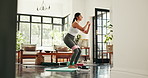 Yoga, resistance band and woman in home for workout, exercise and steps for muscle strength. Morning, house and person for wellness, health and stretching for pilates, balance and flexibility