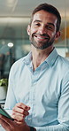 Tablet, happy and face of businessman in office with research for finance stock market. Digital technology, portrait and male financial manager with online investment profit, revenue or dividend.