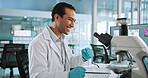 Microscope, celebration and man scientist in laboratory for DNA research, study or project. Biotechnology, RNA and male biologist working on pharmaceutical innovation with medical analysis target.