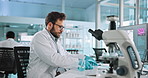 Microscope, man and scientist with tablet in laboratory for DNA research, study or project. Biotechnology, RNA and biologist working on pharmaceutical innovation with medical analysis for discovery.