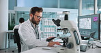 Microscope, man and scientist with petri dish in laboratory for DNA research, study or project. Biotechnology, RNA and male biologist working on pharmaceutical innovation with medical analysis.