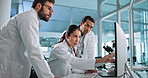 Clipboard, computer and team of scientists in laboratory for DNA research, project or discovery. Science, collaboration and biologists with RNA for pharmaceutical innovation with medical analysis.