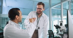 Science, research and men with computer, fist bump and teamwork with success, results and internet. People, scientist and conversation with pc, feedback for cure and achievement with treatment