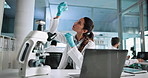 Chemical, scientist or woman with microscope for research, experiment or inspection in laboratory. Computer, chemistry or science with beaker for medical study or drugs development on laptop at night