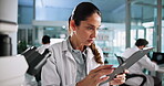 Healthcare, scientist or woman on tablet in lab for science breakthrough, clinical trial or discovery. Online, medical and checking results on technology for vaccine research, cure or development