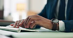 Typing, computer and hands of businessman for financial planning, research and budget report. Corporate, professional and closeup of worker with keyboard for investment deal, review and accounting