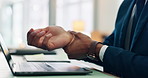 Workplace, laptop and hands of businessman with wrist pain, injury and deadline pressure. Closeup, finance or investment banker with burnout, carpal tunnel and ache with sprain hand and joint in home