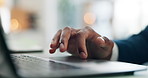 Hands, typing and man in office, keyboard and internet with research for stock market. Closeup, person and investment banker in workplace, computer and scroll for financial news and report for taxes
