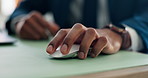 Businessman, moving and hand on mouse in office for survey, computer update or information review. Closeup, selection and banker with technology on pad for cursor, feedback and online report at desk